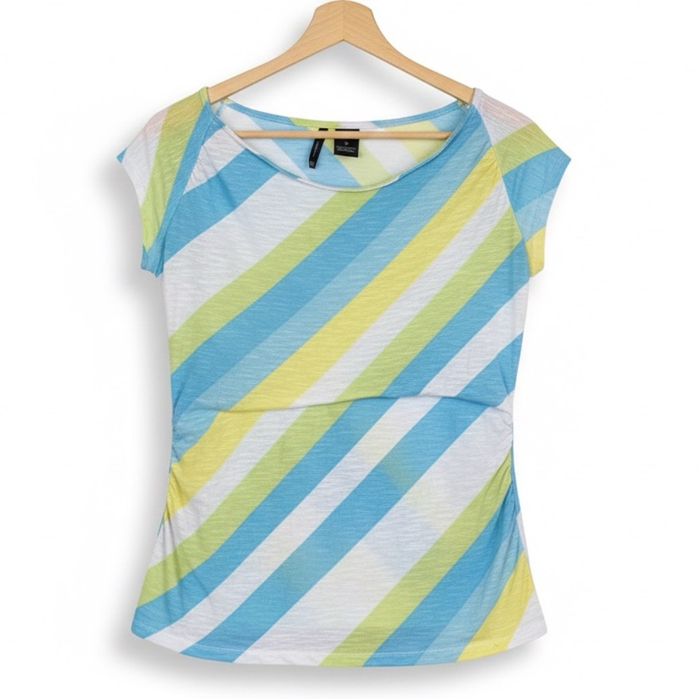 New Directions Stretchy Ruched Striped Cap Sleeve Tee